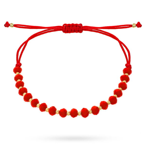 Bransoletka złote diamentowane kulki oraz czerwone kamienie na czerwonym sznurku