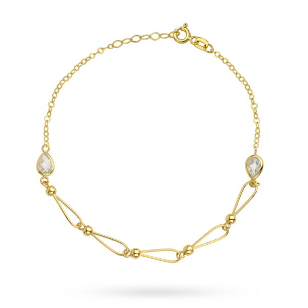 Bransoletka złote połączone kulki i łezka z białego kamienia