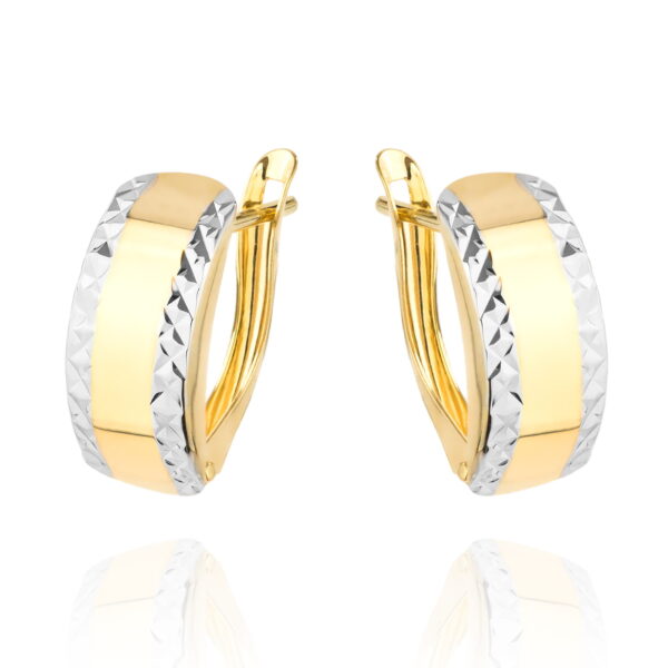 Kolczyki złote diamentowane na obu brzegach dwa kolory złota zaokrąglone