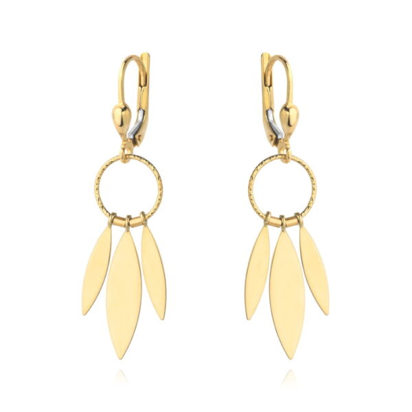 Kolczyki złote gładkie listki na diamentowanym kółku