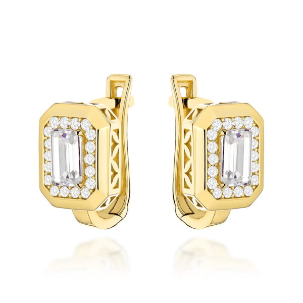 Kolczyki złote z kwadratowym kamieniem i cyrkoniami na angielskim zapięciu