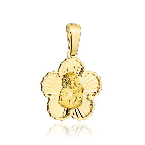Medalik złoty Matka Boska Częstochowska w diamentowanym kwiatku z oprawą