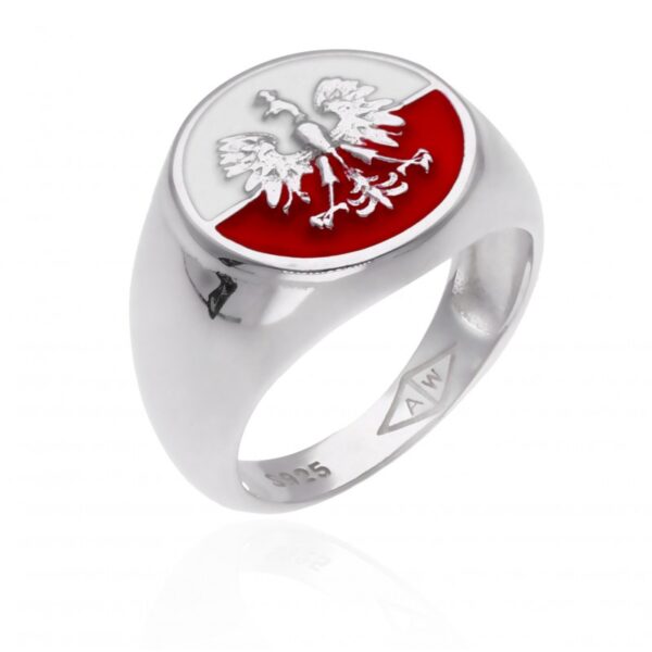 Sygnet męski srebrny godło srebrne i flaga