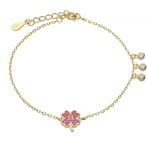 Bransoletka srebrna pozłacana z różową koniczynką