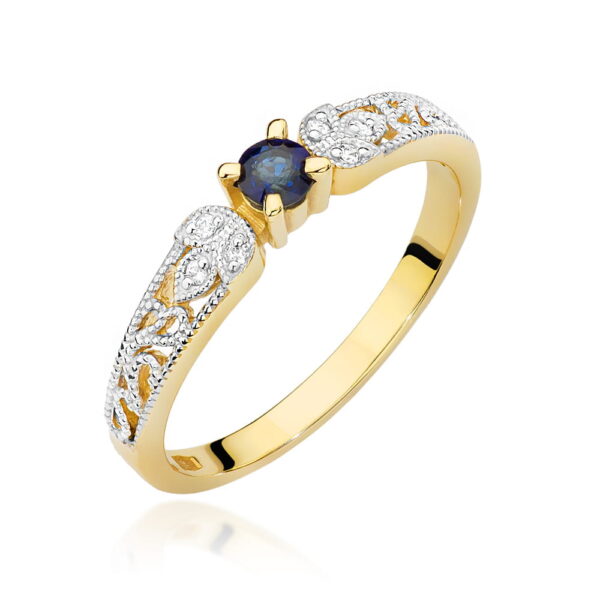 Pierścionek z niebieskim szafirem 0,15 ct i diamentową oprawą – złoto 585