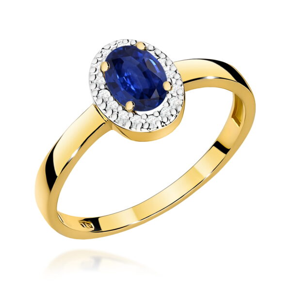 Pierścionek z żółtego złota 585 z szafirem 0,70 ct i diamentami