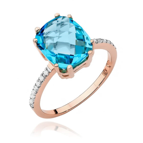 Pierścionek z topazem Swiss Blue 3,00 ct – diamenty, złoto różowe 585