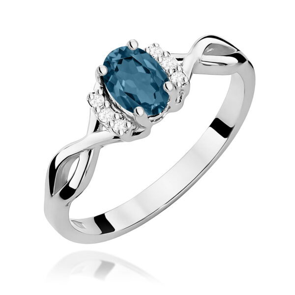 Pierścionek z topazem London Blue 0,50 ct i diamentami 0,052 ct – białe złoto 585