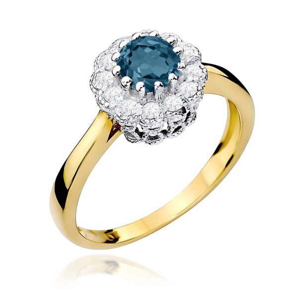 Złoty pierścionek z topazem London Blue 0,50 ct i diamentami – złoto 585