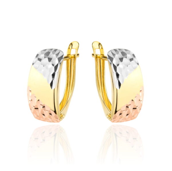 Kolczyki złote prostokąt częściowo diamentowany trzy kolory złota