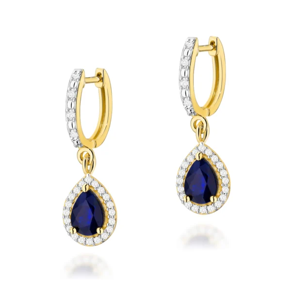 Kolczyki łezki z szafirami 2 × 0,60 ct i diamentami – żółte złoto