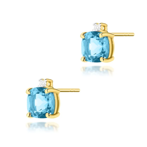 Kolczyki z kwadratowymi topazami Swiss Blue 2 × 1,10 ct i dwoma diamentami – żółte złoto