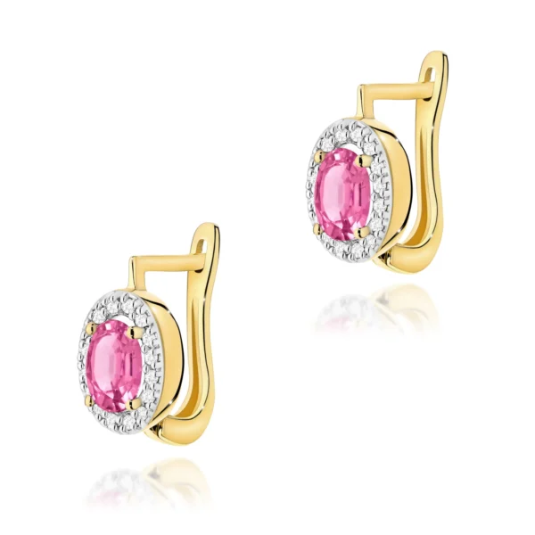 Kolczyki z owalnymi różowymi topazami 2 × 0,50 ct i diamentami – żółte złoto