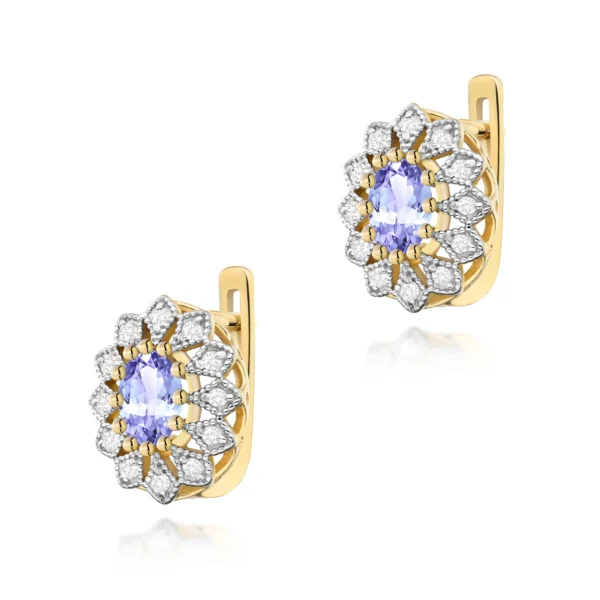 Kolczyki z owalnymi tanzanitami 2 × 0,40 ct wysadzane diamentami – żółte złoto