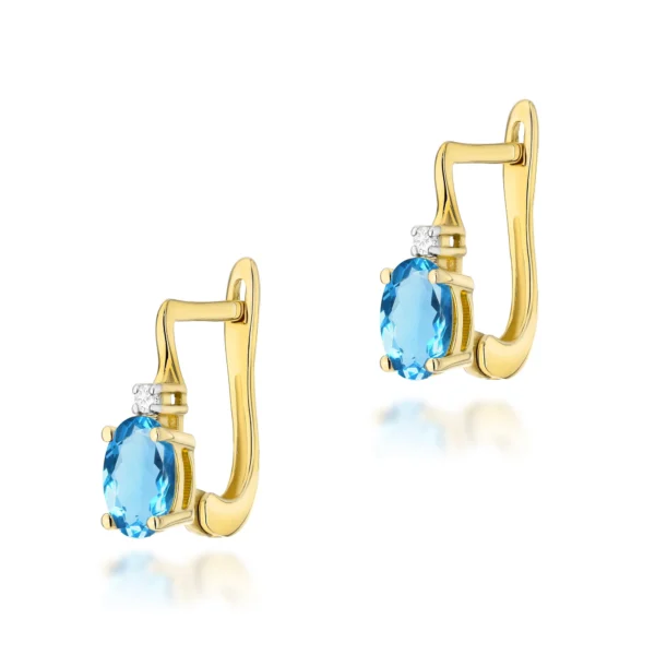 Kolczyki z owalnymi topazami Swiss Blue 2 × 0,50 ct i dwoma diamentami z zapięciem angielskim – żółte złoto