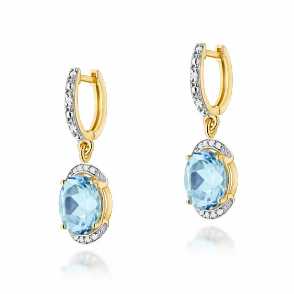 Kolczyki z owalnymi topazami Swiss Blue 2 × 3,00 ct i diamentami – żółte złoto
