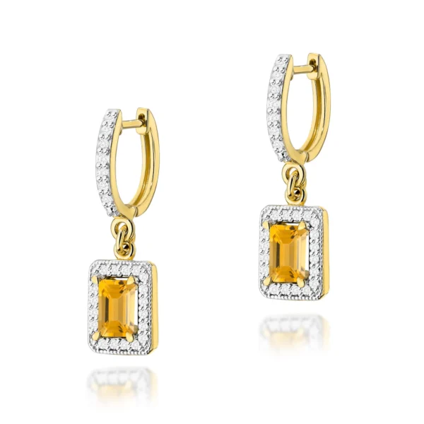 Kolczyki z prostokątnymi cytrynami 2 × 0,60 ct i diamentami – żółte złoto