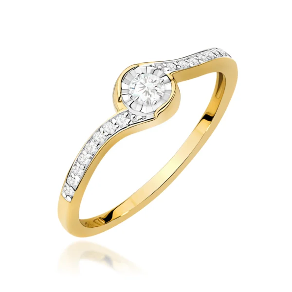 Pierścionek z diamentem 0,08 ct i 16 diamentami na delikatnej szynie – żółte złoto