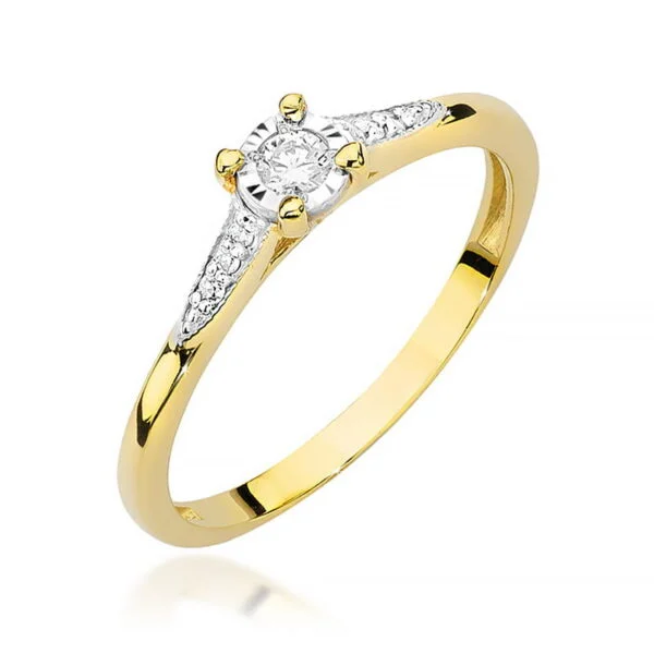 Pierścionek z diamentem 0,08 ct i bocznymi diamentami na delikatnej szynie – żółte złoto