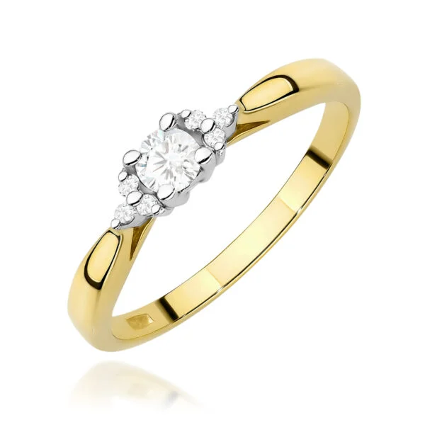 Pierścionek z diamentem 0,10 ct i bocznymi diamentami, 6 diamentów po bokach – żółte złoto