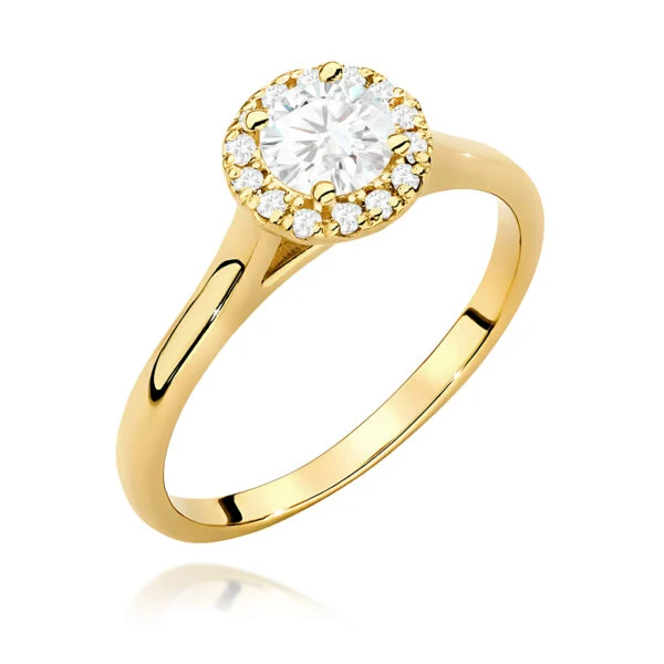 Pierścionek z diamentem 0,50 ct i 14 diamentami, szyna 2,8 mm – żółte złoto