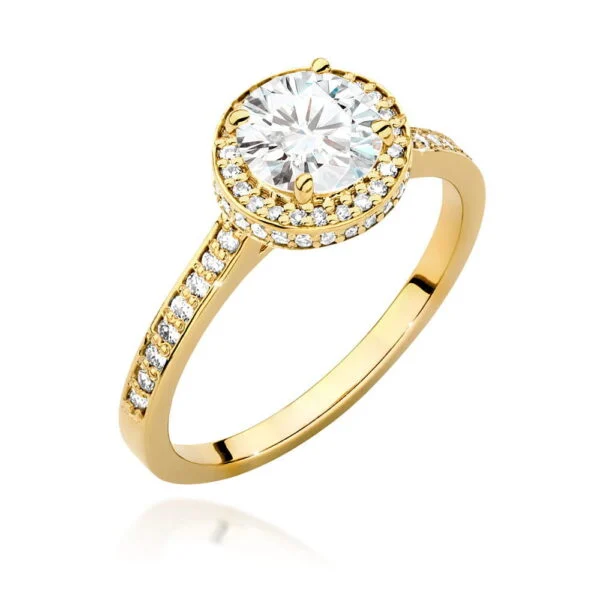 Pierścionek z diamentem 1,00 ct i 65 diamentami – żółte złoto