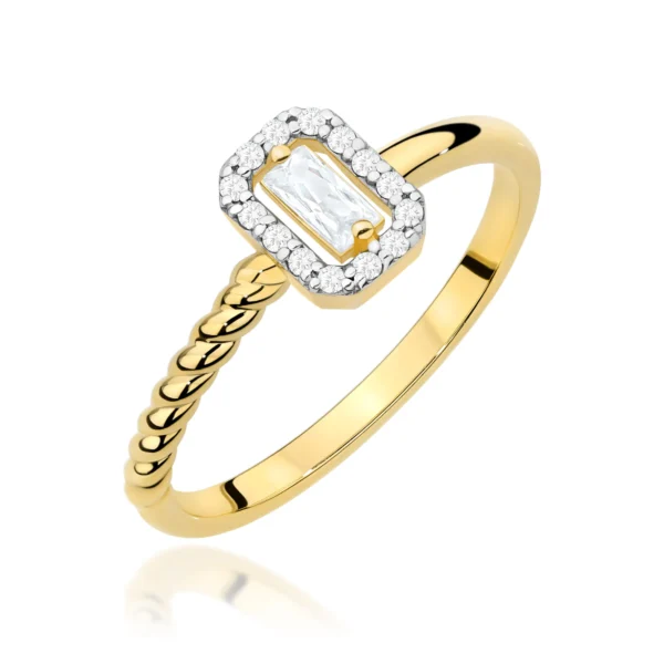 Pierścionek z prostokątnym diamentem 0,13 ct i diamentami – żółte złoto