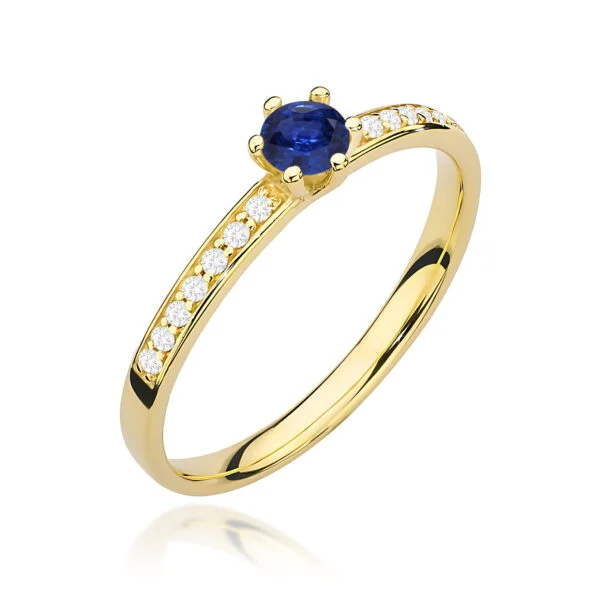 Pierścionek z szafirem 0,15 ct i 14 diamentami – żółte złoto
