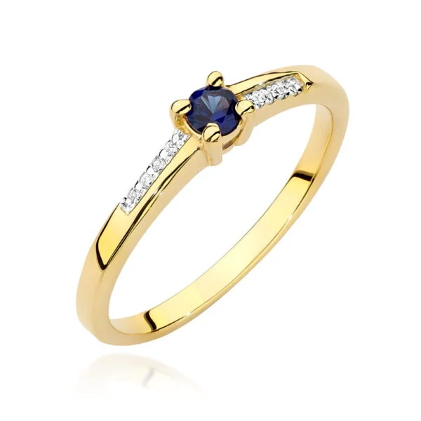 Pierścionek z szafirem 0,15 ct i 8 diamentami po bokach – żółte złoto