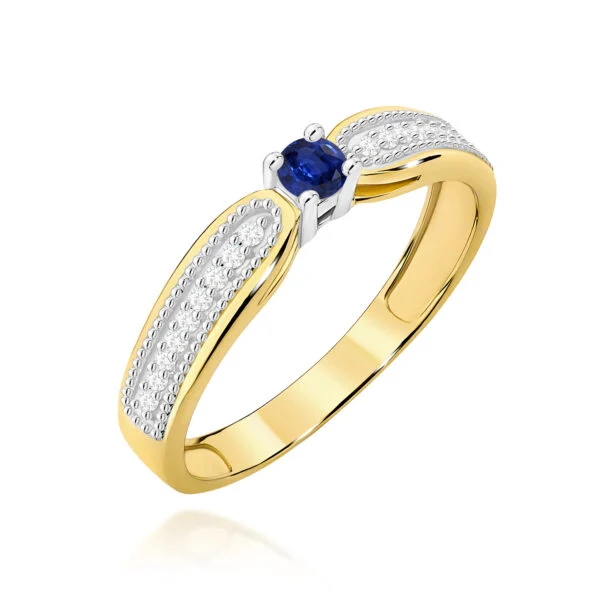 Pierścionek z szafirem 0,15 ct i diamentami, 18 diamentów po bokach – żółte złoto