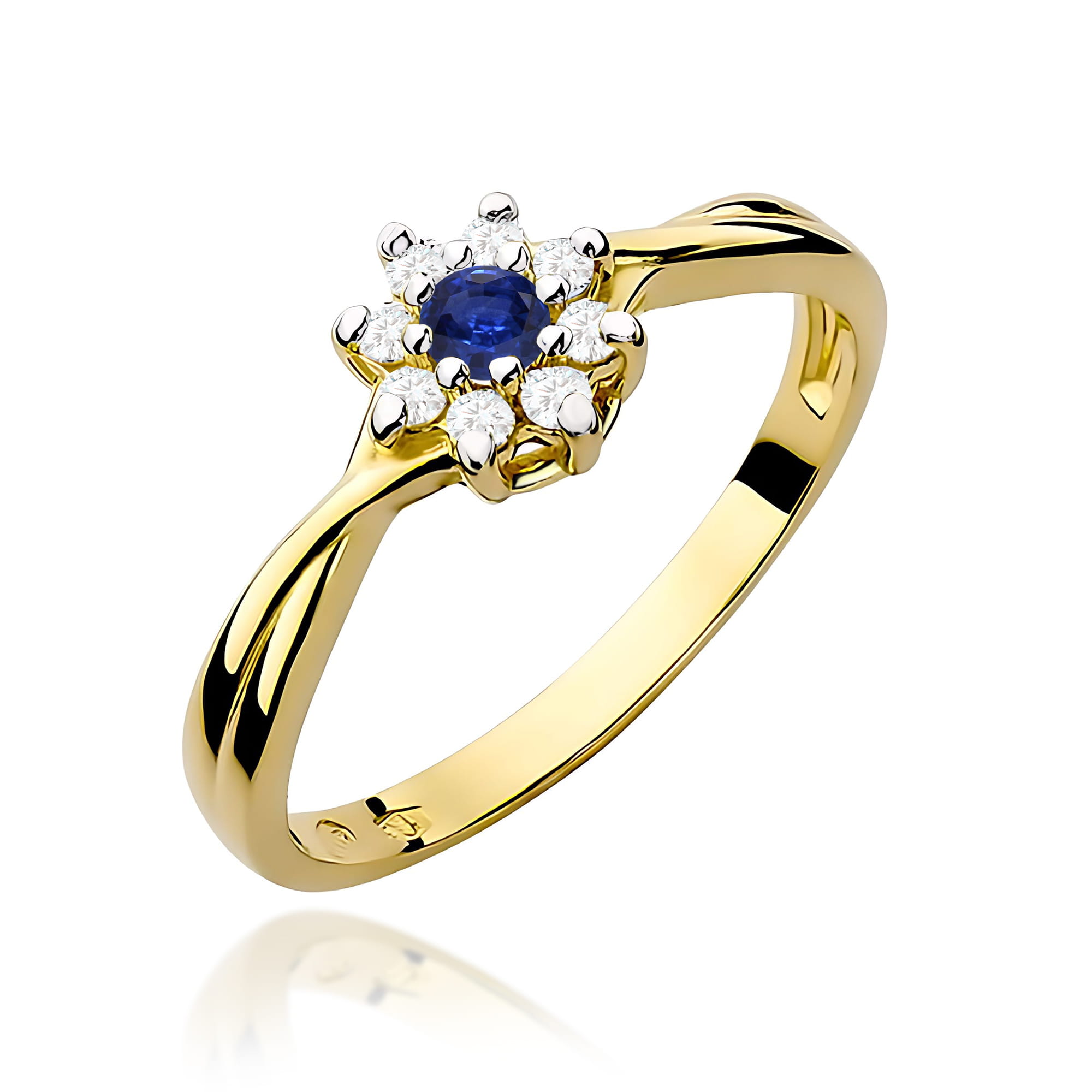 Pierścionek z szafirem 0,15 ct i diamentami w wysokiej oprawie – żółte złoto