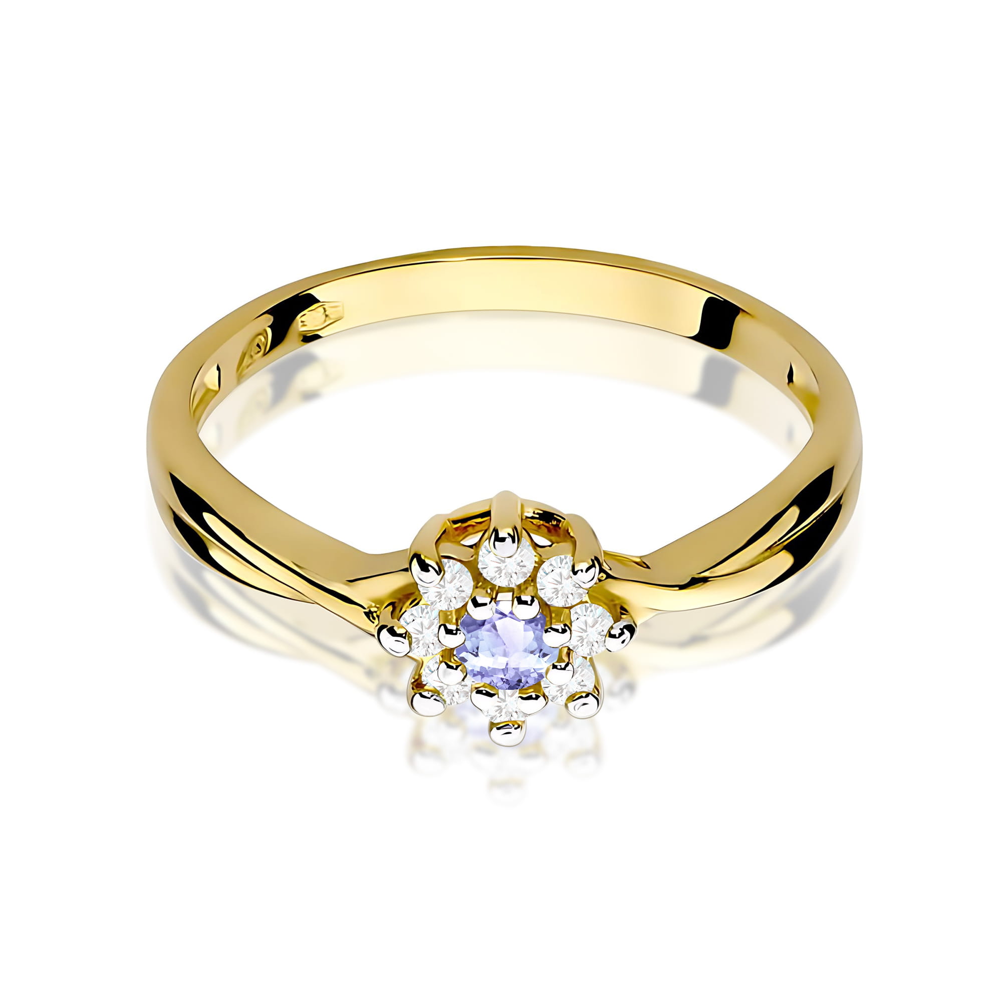 Pierścionek z tanzanitem 0,15 ct i diamentami – żółte złoto, widok 2