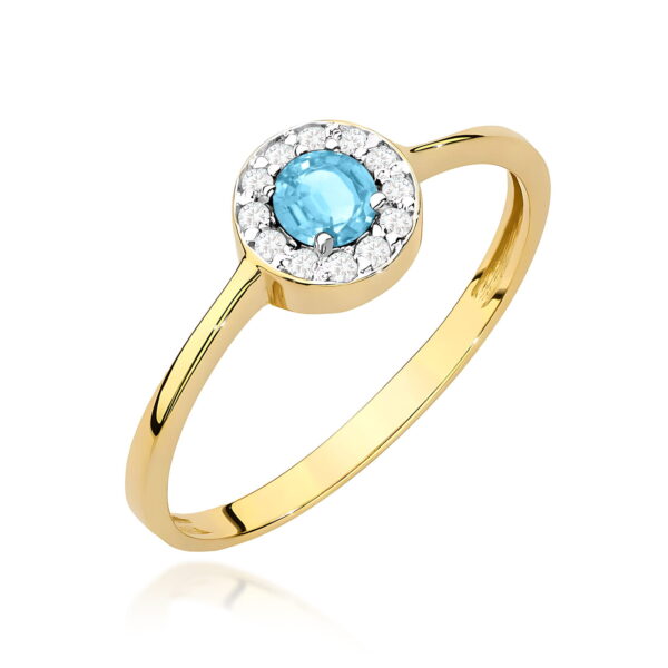 Pierścionek z topazem Swiss Blue 0,25 ct i diamentami – żółte złoto