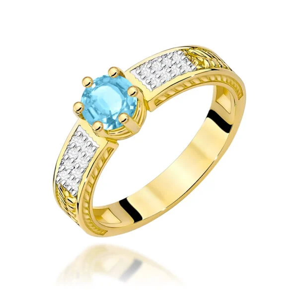 Pierścionek z topazem Swiss Blue 0,50 ct i 16 diamentami na szerokiej szynie – żółte złoto