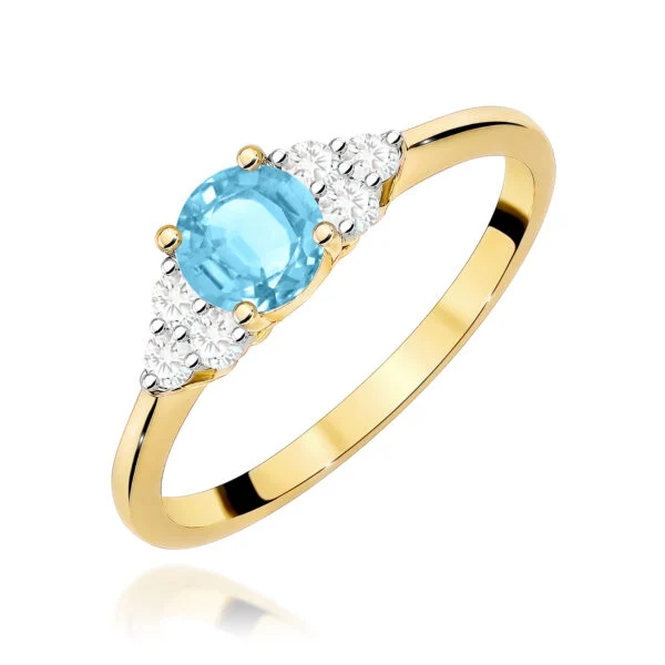 Pierścionek z topazem Swiss Blue 0,50 ct i 6 diamentami po bokach na delikatnej szynie – żółte złoto