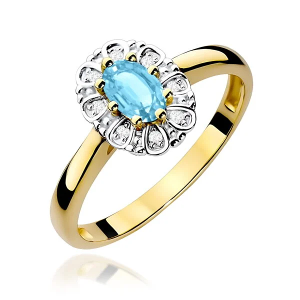 Pierścionek z topazem Swiss Blue 0,50 ct i 8 diamentami po bokach, szlif owalny – żółte złoto