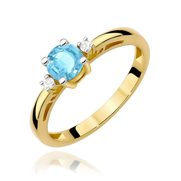 Pierścionek z topazem Swiss Blue 0,50 ct i diamentami na delikatnej szynie, 2 diamenty po bokach – żółte złoto