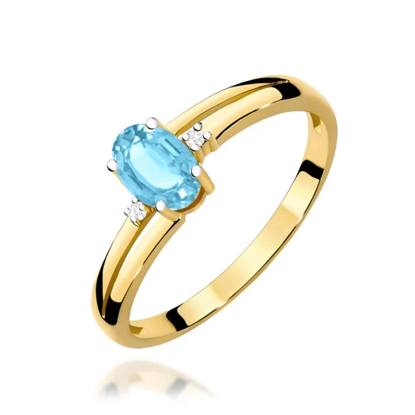 Pierścionek z topazem Swiss Blue 0,50 ct i diamentami, szlif owalny, 2 diamenty po bokach – żółte złoto