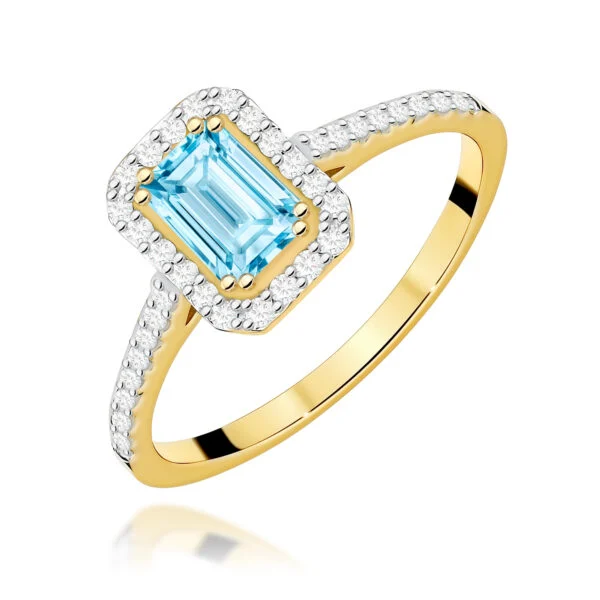 Pierścionek z topazem Swiss Blue 0,65 ct i 38 diamentami na delikatnej szynie, szlif oktagon – żółte złoto