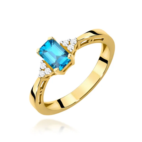 Pierścionek z topazem Swiss Blue 0,65 ct i diamentami, szlif oktagon – żółte złoto