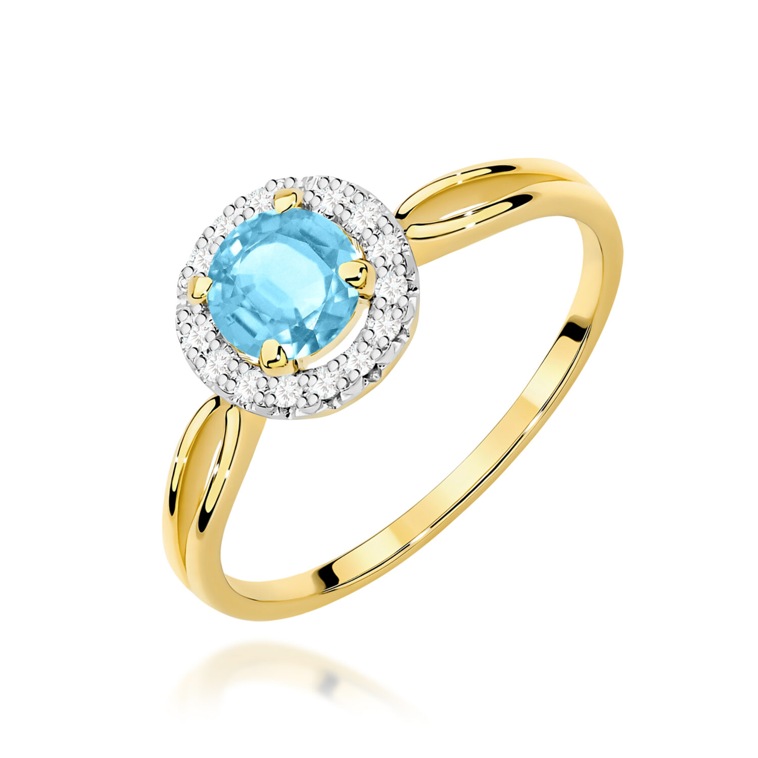 Pierścionek z topazem Swiss Blue 0,80 ct i 16 diamentami – żółte złoto