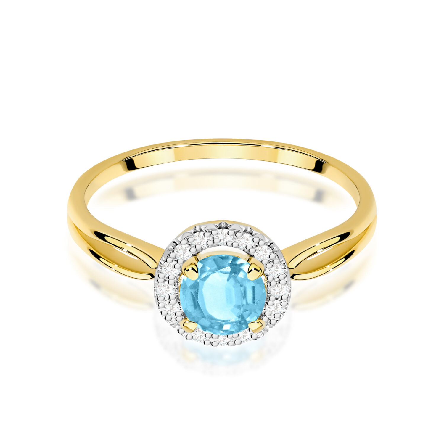 Pierścionek z topazem Swiss Blue 0,80 ct i 16 diamentami – żółte złoto, widok 2