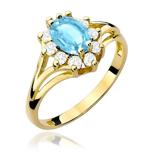 Pierścionek z topazem Swiss Blue 0,90 ct i 10 diamentami po bokach, szlif owalny – żółte złoto