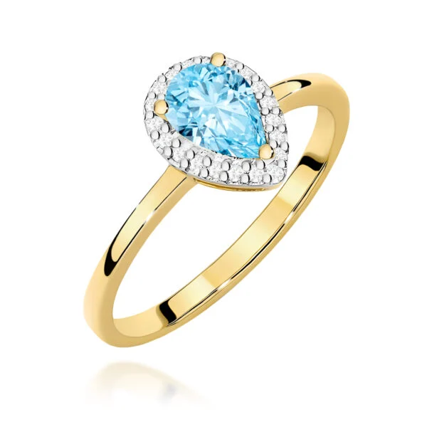 Pierścionek z topazem Swiss Blue 0,90 ct i 20 diamentami, kamień w kształcie łezki – żółte złoto