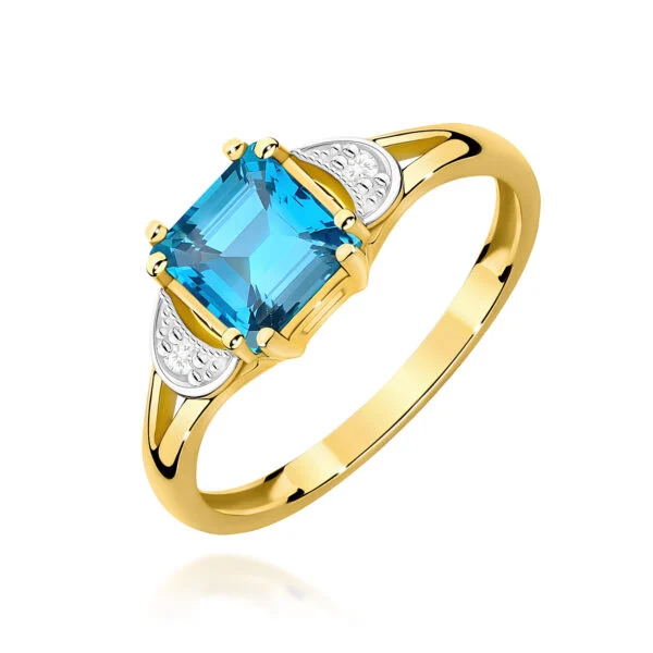 Pierścionek z topazem Swiss Blue 1,40 ct i 2 diamentami po bokach, szlif princess – żółte złoto