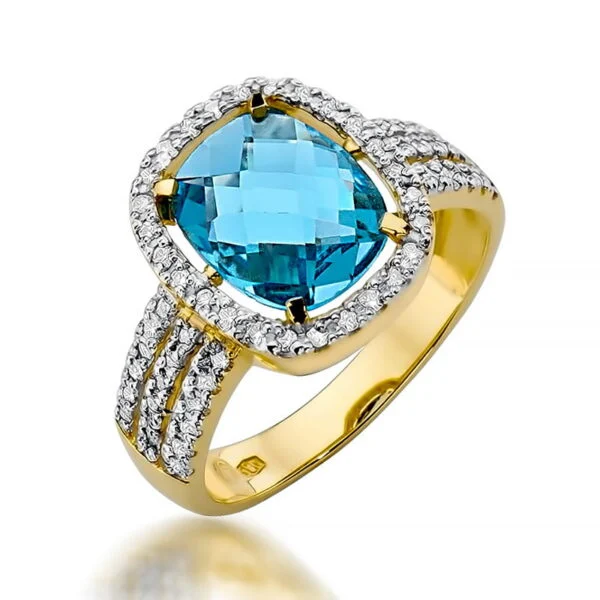 Pierścionek z topazem Swiss Blue 3,00 ct i 63 diamentami na szerokiej szynie, szlif oktagon – żółte złoto