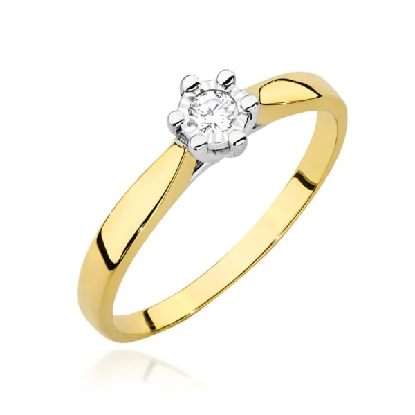 Pierścionek zaręczynowy z diamentem 0,08 ct, korona 5,4 mm – żółte złoto