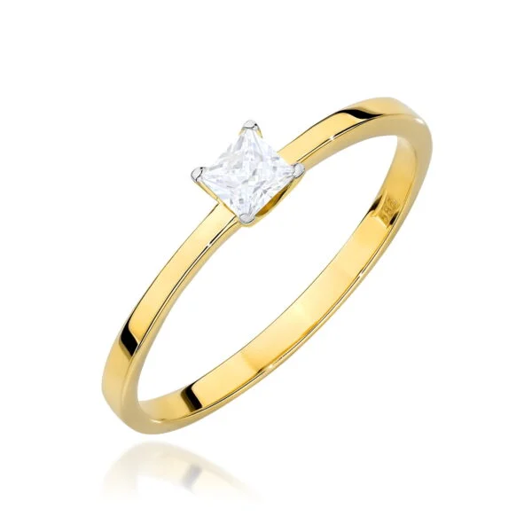 Pierścionek zaręczynowy z diamentem 0,15 ct na delikatnej szynie, szlif princess – żółte złoto