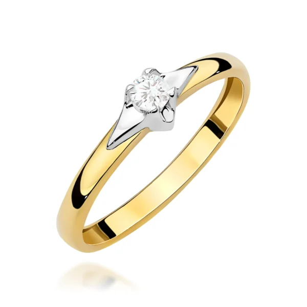 Pierścionek zaręczynowy z diamentem 0,15 ct w niskiej oprawie, szyna 2,4 mm – żółte złoto