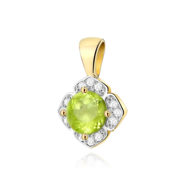 Zawieszka z oliwinem 0,60 ct i diamentami po bokach – żółte złoto